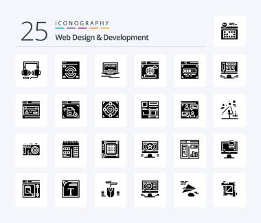 Web Design And Development 25 Solid Glyph icon pack including . internet . refresh. browser . design
