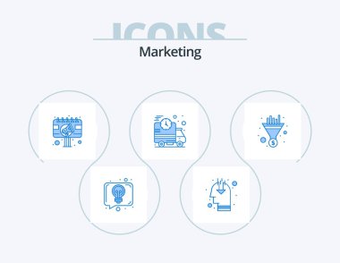 Marketing Blue Icon Pack 5 Icon Design. filter. fast. ad. delivery. sign board