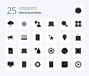 Web And Social Media 25 Solid Glyph icon pack including laptop . arrow . watch. play