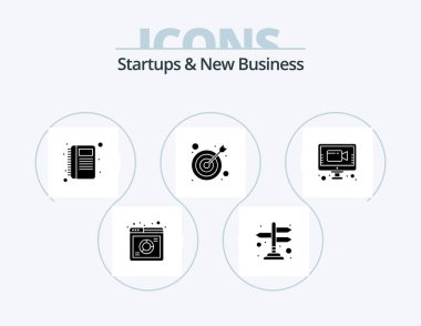 Startups And New Business Glyph Icon Pack 5 Icon Design. video. chat. contact book. target. arrow