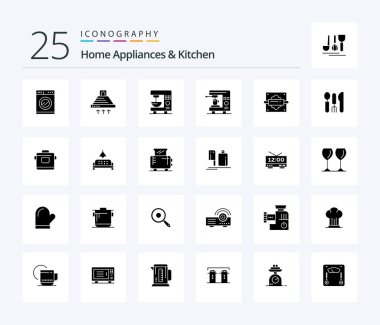 Home Appliances And Kitchen 25 Solid Glyph icon pack including kitchen. machine. exhaust. home. coffee