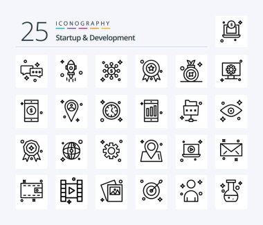 Startup And Develepment 25 Line icon pack including setting. computer. dollar. badge. award badge