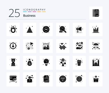 Business 25 Solid Glyph icon pack including notification. search. help. data. analysis