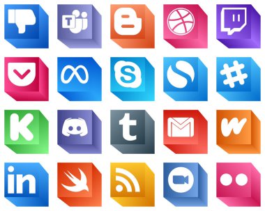 20 High Quality 3D Social Media Icons such as discord. kickstarter. pocket. spotify and chat icons. Professional and high-definition