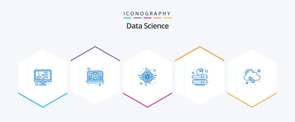 Data Science Синий Пакет Значков Включая Данные Подкрепление Глобальный Наука — стоковый вектор