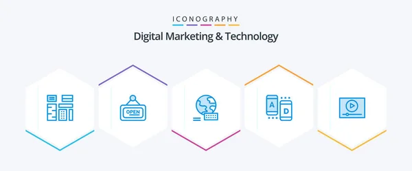 Digital Marketing Technology Blue Icon Pack Including Play Tablet Open — Vetor de Stock