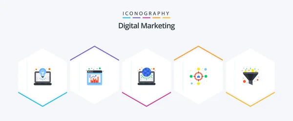 Digital Marketing Flat Icon Pack Including Funnel Target Globe Customer — Διανυσματικό Αρχείο
