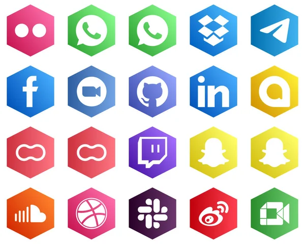 Hexagon Flat Color White Icon Collection Google Allo Linkedin Github — Wektor stockowy