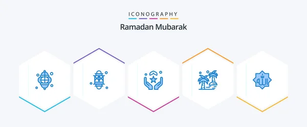 Ramadan Blue Icon Pack Including Mark Allah Hand Arecaceae Tree — Stock Vector