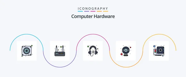 Computer Hardware Line Filled Flat Icon Pack Including Video Computer — Archivo Imágenes Vectoriales