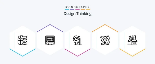 Design Thinking Line Icon Pack Including Lightd Idea Internet Solution — Stok Vektör