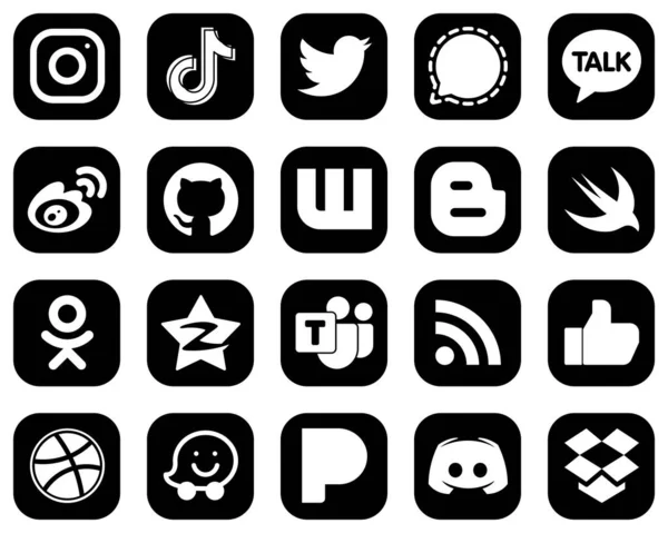 High Resolution White Social Media Icons Black Background Sina Twitter — Stockvector