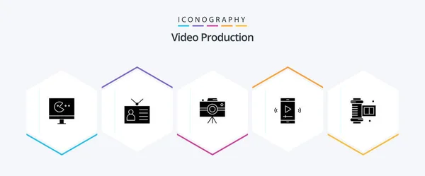 Video Production Glyph Icon Pack Including Video Player Movie Screen — Stock vektor