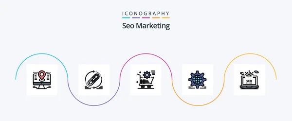 Seo Marketing Line Filled Flat Icon Pack Including World Setting — Image vectorielle