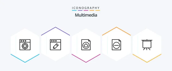 Multimedia Line Icon Pack Including File Presentation Board — Stok Vektör