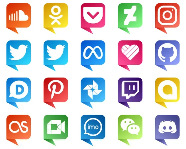 stock vector Chat bubble style Icons for Popular Social Media 20 pack such as google photo. disqus. github and facebook icons. High definition and unique