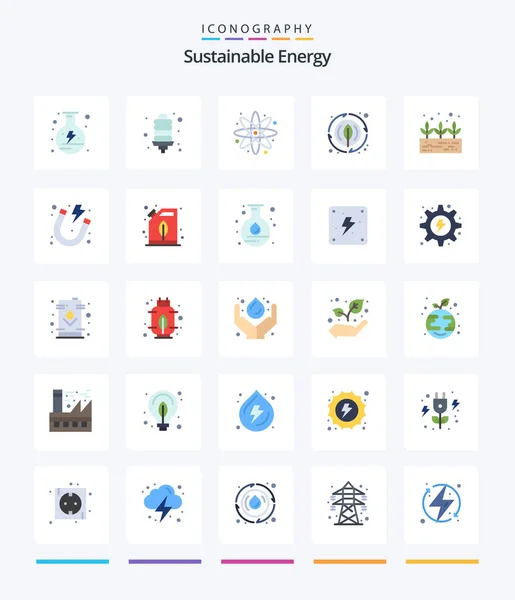 Creative Sustainable Energy Flat Icon Pack Electricity Green Plant Atom — Stockový vektor