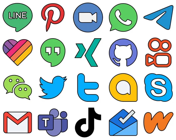 Innovative Line Filled Social Media Icons Twitter Wechat Messenger Kuaishou — Stok Vektör