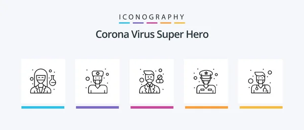 Corona Virus Super Hero Line Icon Pack Including Male Professor — Stockvector