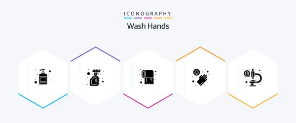 Wash Hands Glyph Icon Pack Including Microscope Coronavirus Paper Washing — Vetor de Stock