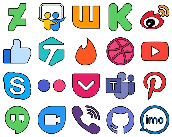 Modern Line Filled Social Media Icons Chat Video Youtube Tinder — Wektor stockowy