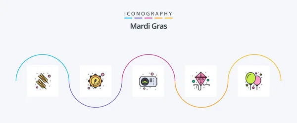 Mardi Gras Line Filled Flat Icon Pack Including Party Balloon — Stok Vektör