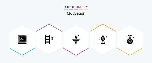 Motivation Glyph Icon Pack Including Winner Medal Career Motivation Leaf — Image vectorielle