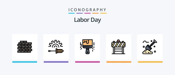 Labor Day Line Filled Icon Pack Including Tool Construction Labor — Stockvector