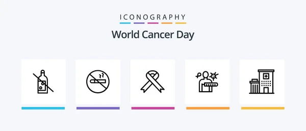 World Cancer Day Line Icon Pack Including World Ribbon Building — Stockvektor