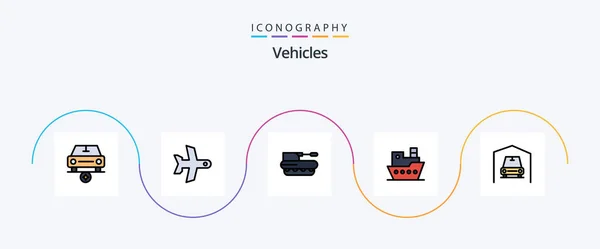 Vehicles Line Filled Flat Icon Pack Including Garage Steamship Cannon — Image vectorielle