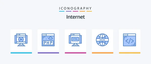 Internet Blue Icon Pack Включая Интернет Мир Код Онлайн Глобальный — стоковый вектор