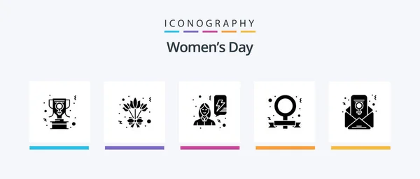 Womens Day Glyph Icon Pack Including Email Feminism Chat Power — Vettoriale Stock