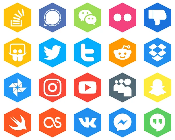 Hexagon Flat Color White Icon Set Dropbox Tweet Messenger Twitter — Stok Vektör