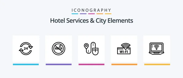 ホテルサービスと都市要素ライン5アイコンパックベッドを含む シャワーだ マウス サービスだ 浴室だ クリエイティブアイコンデザイン — ストックベクタ
