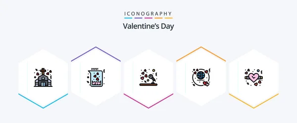 Valentines Day Filledline Icon Pack Including Valentine Travel Marriage Ticket — 图库矢量图片