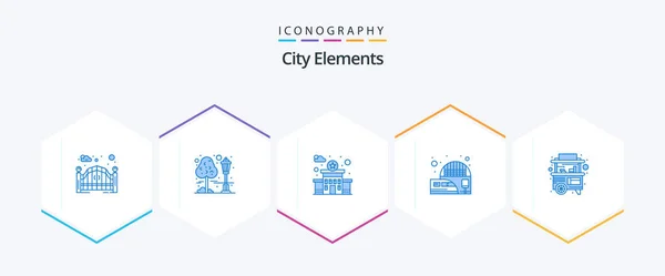 City Elements Blue Icon Pack Including Street Food Building Train — Wektor stockowy