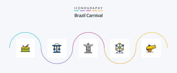 Brazil Carnival Line Filled Flat Icon Pack Including Landmark Christ — Stock Vector