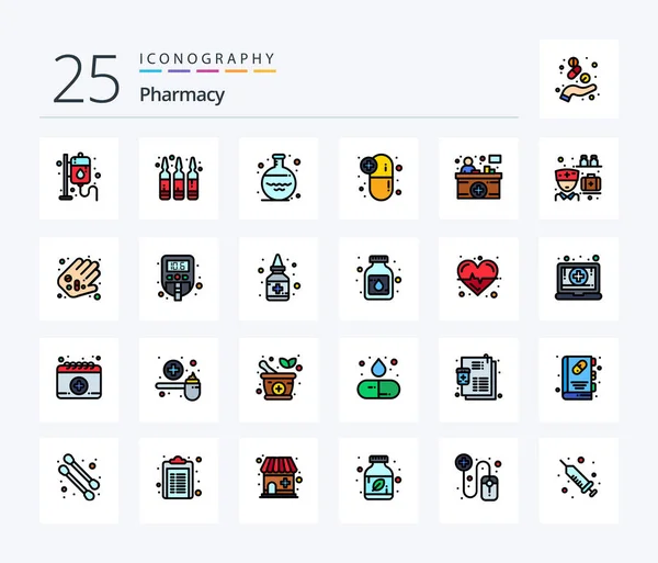 Pharmacy Line Filled Icon Pack Including Front Desk Medications Flask — Wektor stockowy