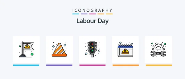 Labour Day Line Filled Icon Pack Including Tool Hoe Construction — Vettoriale Stock