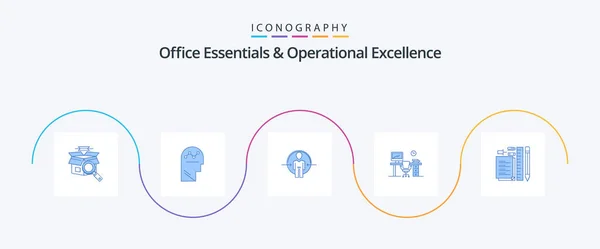Office Essentials Operational Exellence Blue Icon Pack Включая Офисный Стол — стоковый вектор
