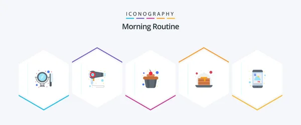 Morning Routine Flat Icon Pack Including Service Mobile Cake Forecast — Stock Vector