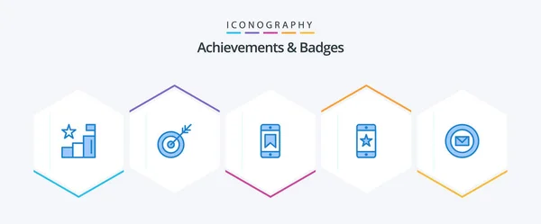 Achievements Badges Blue Icon Pack Including Sharp Mail Achievements Smartphone — Stockvector