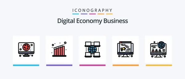 Digital Economy Business Line Filled Icon Pack Including Bulb Digital — Stockvector