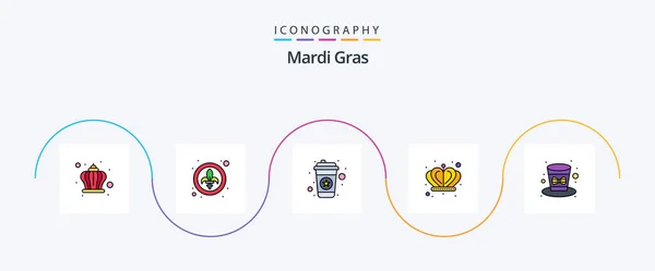 Mardi Gras Line Filled Flat Icon Pack Including Hat Celebration — Image vectorielle