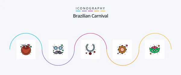 Brazilian Carnival Line Filled Flat Icon Pack Including Mask Tambourine — Stok Vektör