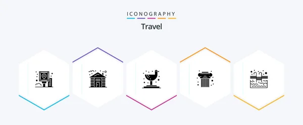 Travel Glyph Icon Pack Including Stairs Greek Tree Culture Architecture — Archivo Imágenes Vectoriales