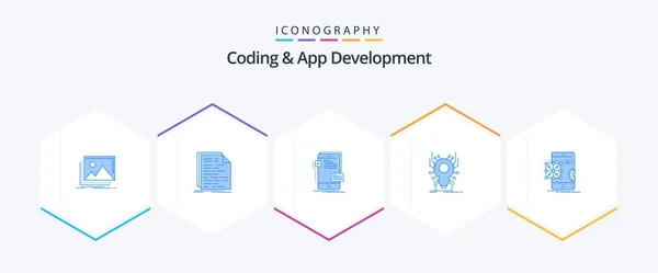 Coding App Development Blue Icon Pack Including Spider Bug Programming — Vetor de Stock