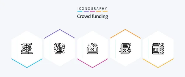 Crowdfunding Line Icon Pack Including Currency Guarantee Money Contract Video — Stockvektor