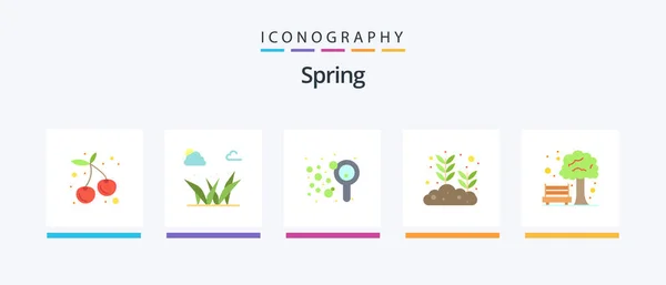 Spring Flat Icon Pack Including Tree Bench Bubbles Growing Seed — Wektor stockowy