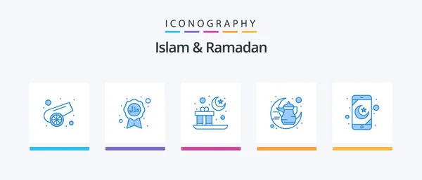 Islam Ramadan Blue Icon Pack Including Mobile Application Traditional Gift — Stock Vector
